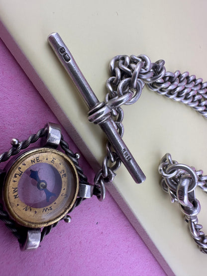Reimagined Sterling Silver Albert chain with Compass Fob