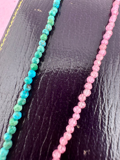 Blush & Tide- Pink Tourmaline and turquoise mini beaded necklace with 9ct gold antique bolt clasp