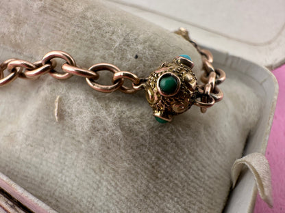 Antique 9ct Rose Gold Turquoise Orb and cable link bracelet with bolt clasp