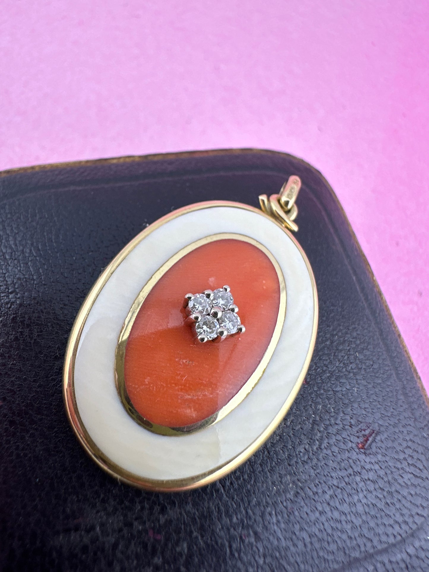 14ct Gold Coral and Diamond Pendant