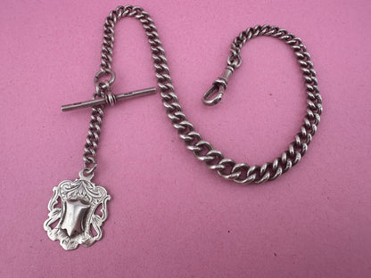 Sterling Silver Graduated Curb Albert with dog clip, fob and T-Bar