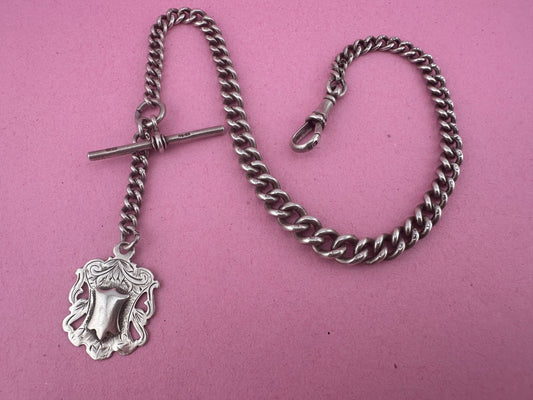 Sterling Silver Graduated Curb Albert with dog clip, fob and T-Bar