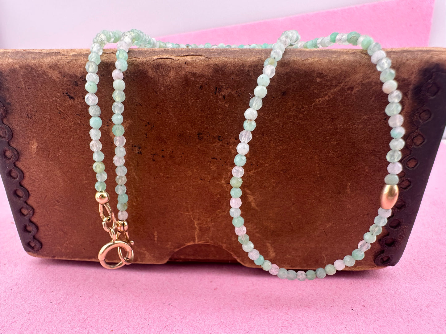 Asymmetrical Australian Chyrsoprase mini beaded necklace with 9ct Bolt clasp and oval bead