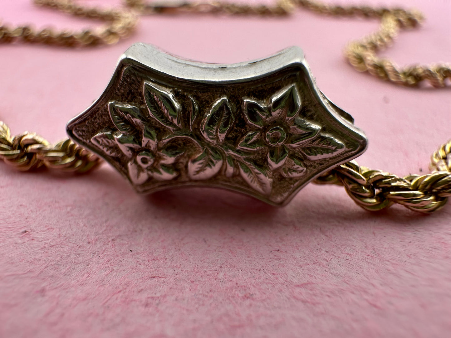 Vintage 9ct Gold Rope chain with Antique silver floral slider