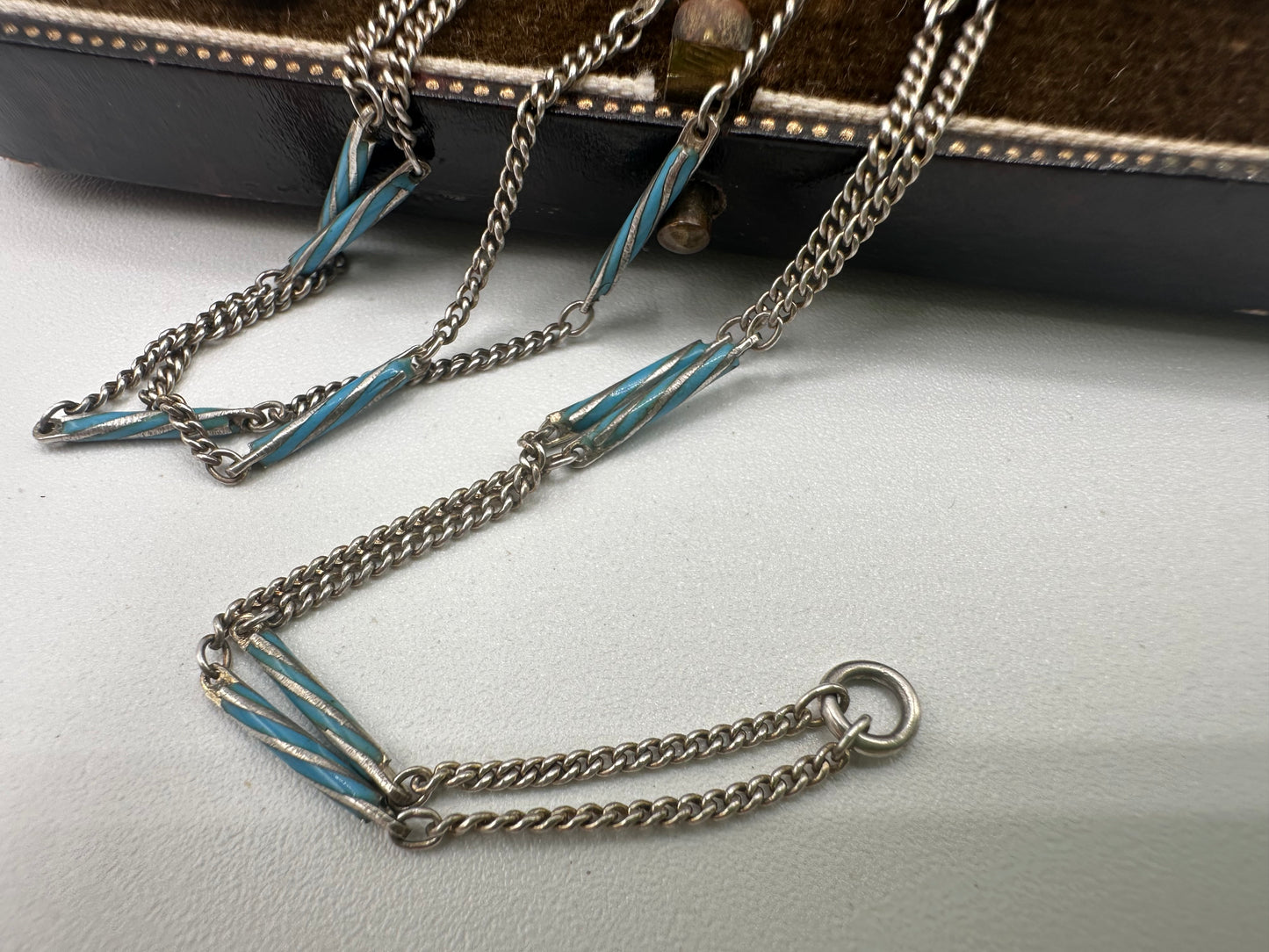 Art Deco 935 Silver and blue enamel bar station chain