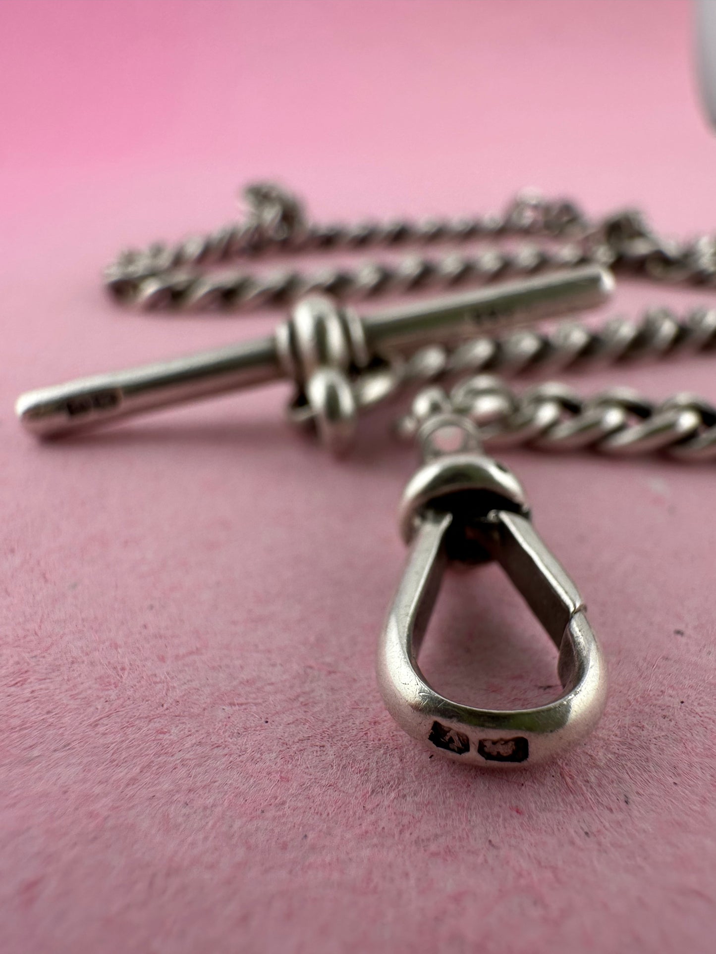Antique Sterling Silver Ungraduated Curb Albert with dogclip and t-bar