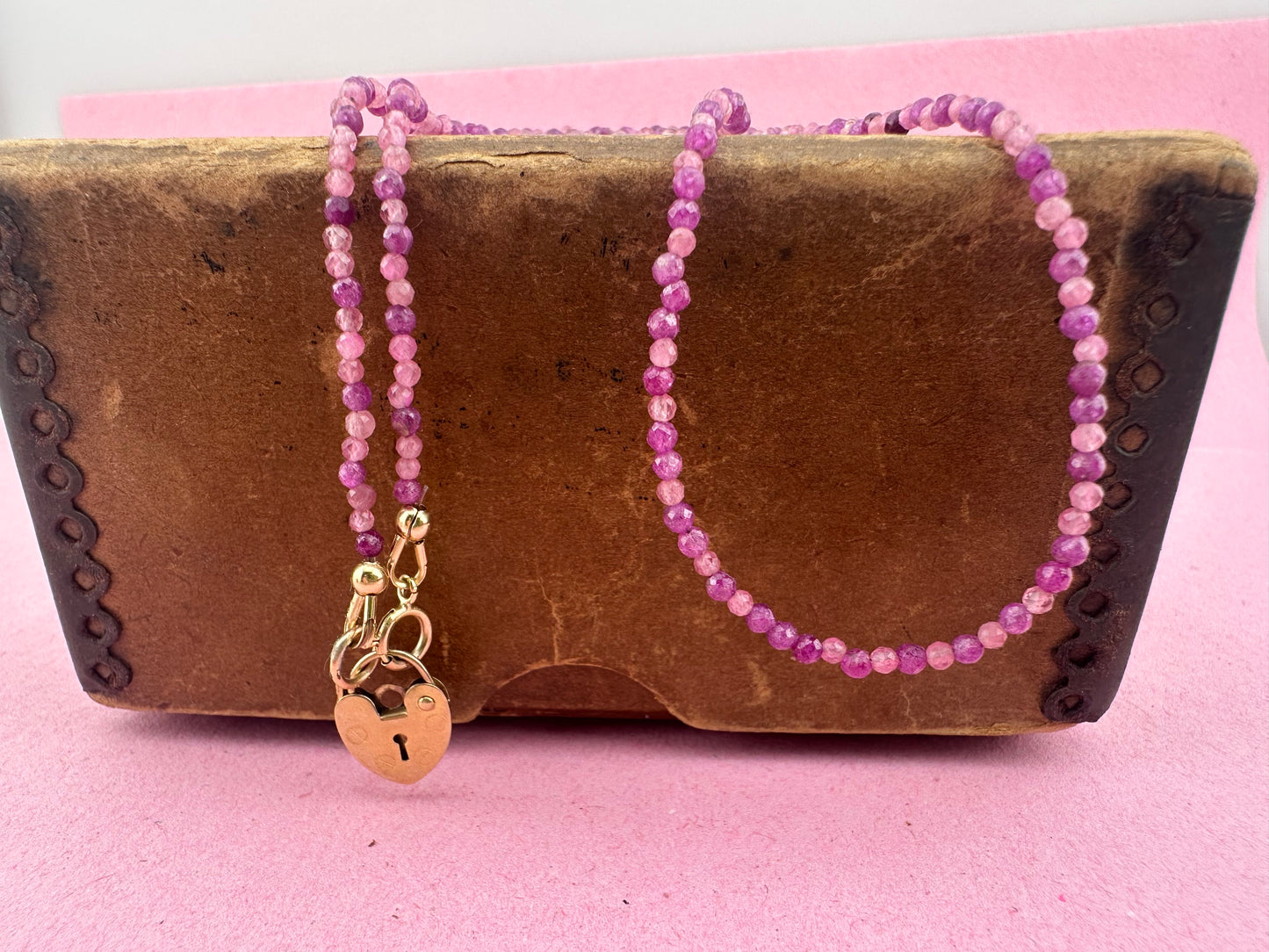Ruby & Pink Tourmaline mix Mini beads with vintage 9ct Gold heart padlock