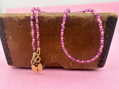 Ruby & Pink Tourmaline mix Mini beads with vintage 9ct Gold heart padlock
