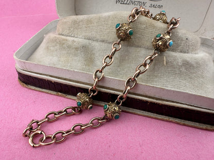 Antique 9ct Rose Gold Turquoise Orb and cable link bracelet with bolt clasp