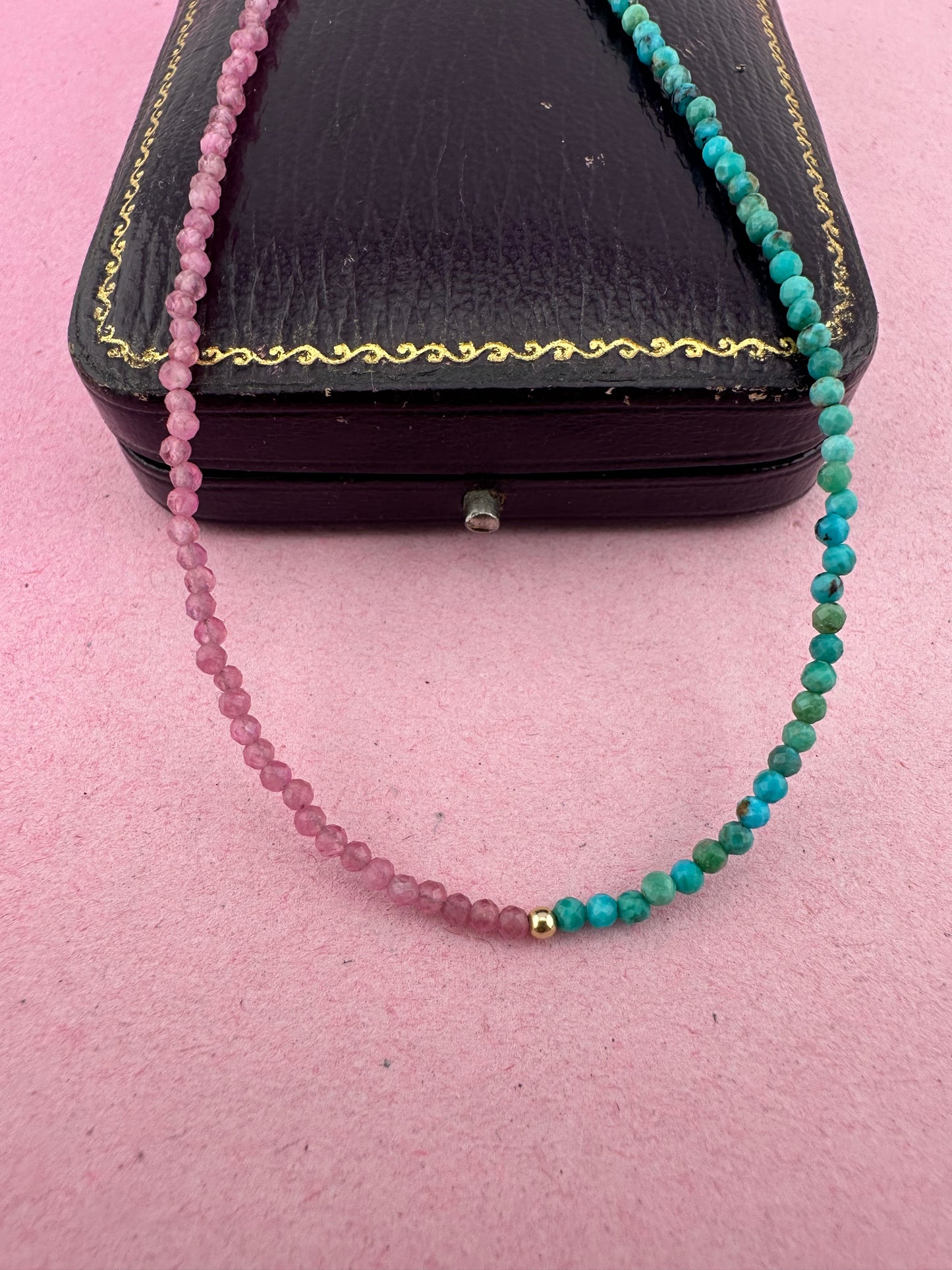 Blush & Tide- Pink Tourmaline and turquoise mini beaded necklace with 9ct gold antique bolt clasp