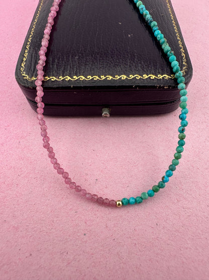 Blush & Tide- Pink Tourmaline and turquoise mini beaded necklace with 9ct gold antique bolt clasp