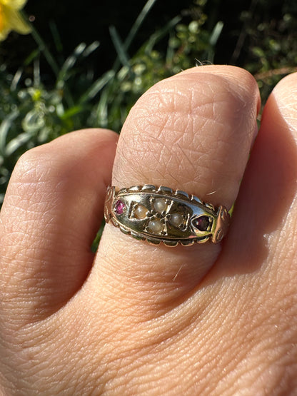 Victorian 9ct Gold Seed Pearl and Ruby Boat ring