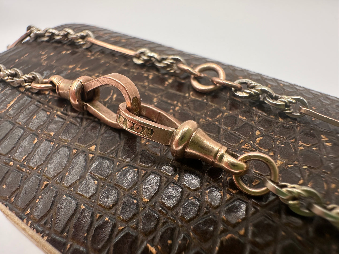 Antique 9ct Rose and White Gold Trombone and Lovers Knot chain