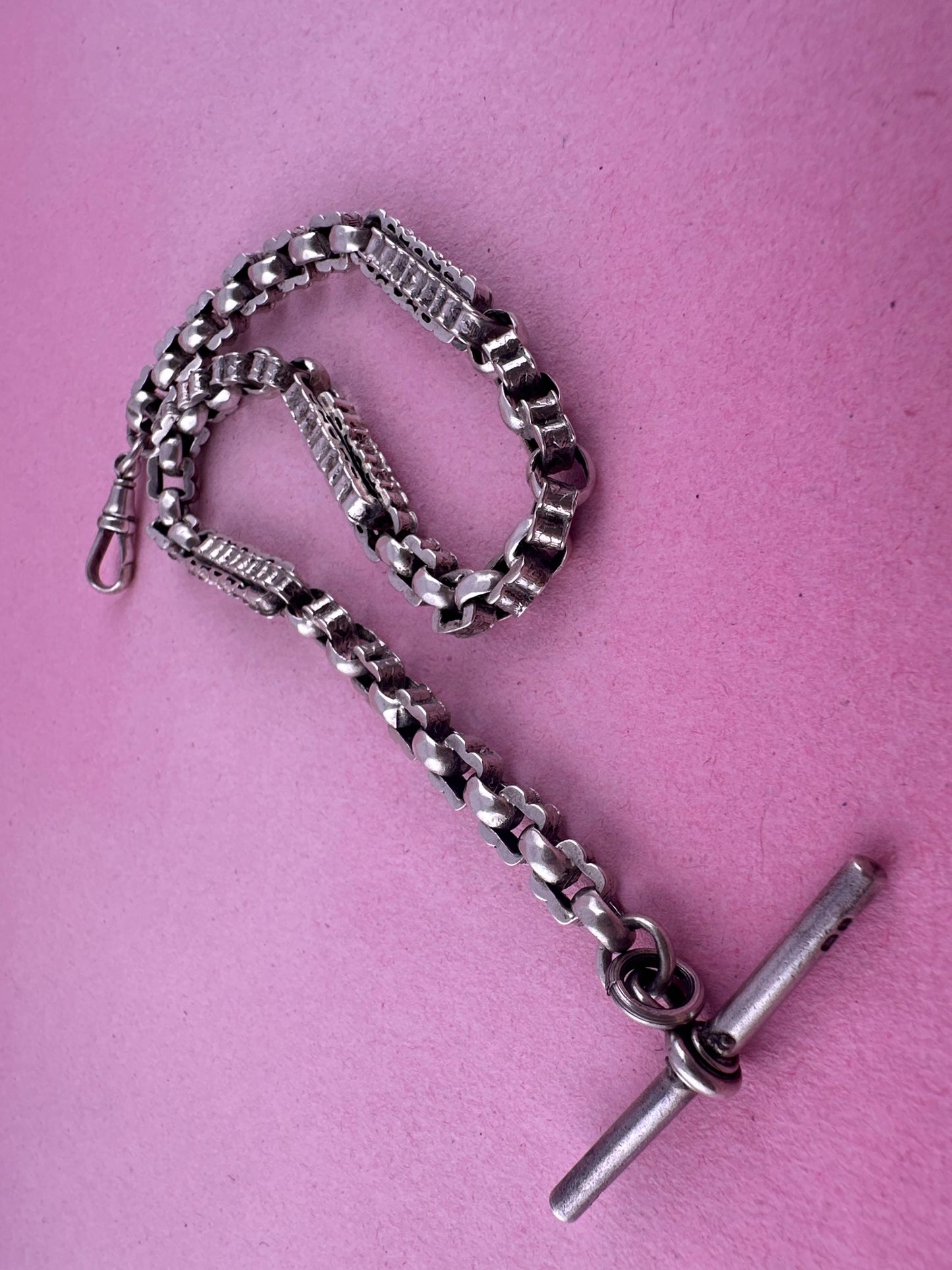 Sterling Silver bars & fancy link Albert chain wi the T-bar and dogclip