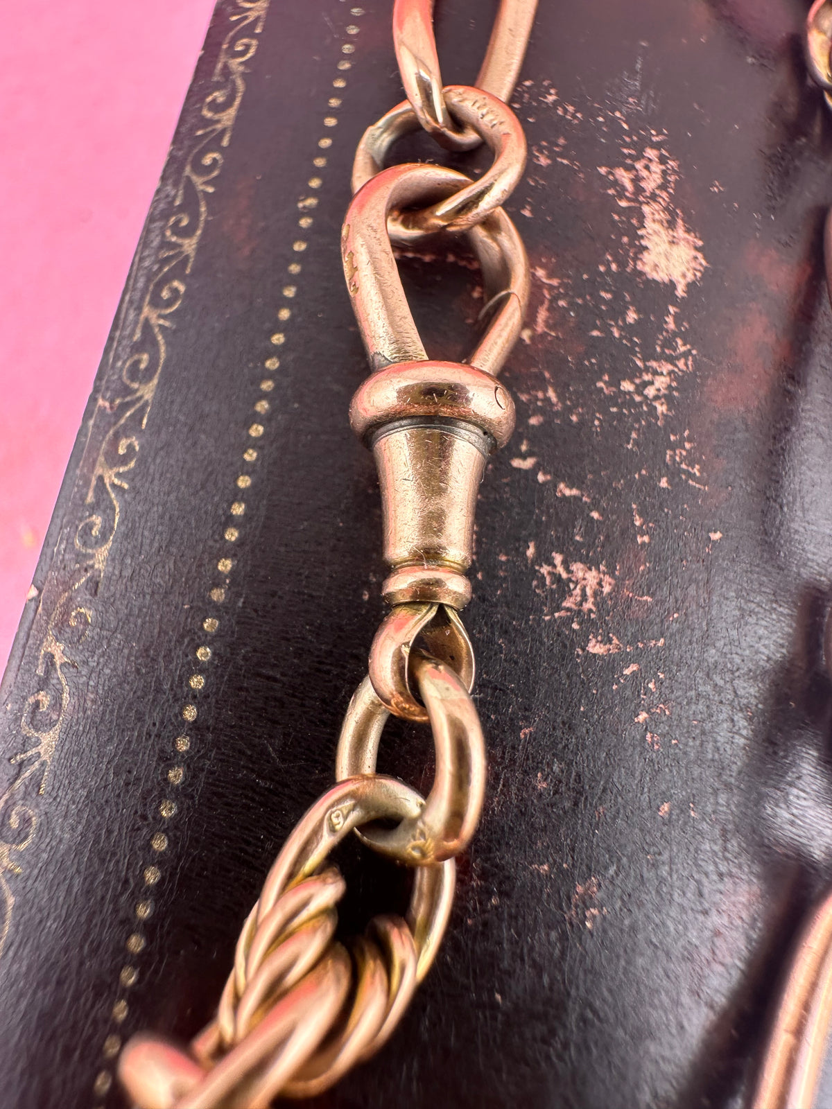 Antique 9ct Rose gold twist trombone & lovers knot bracelet with dog clip.