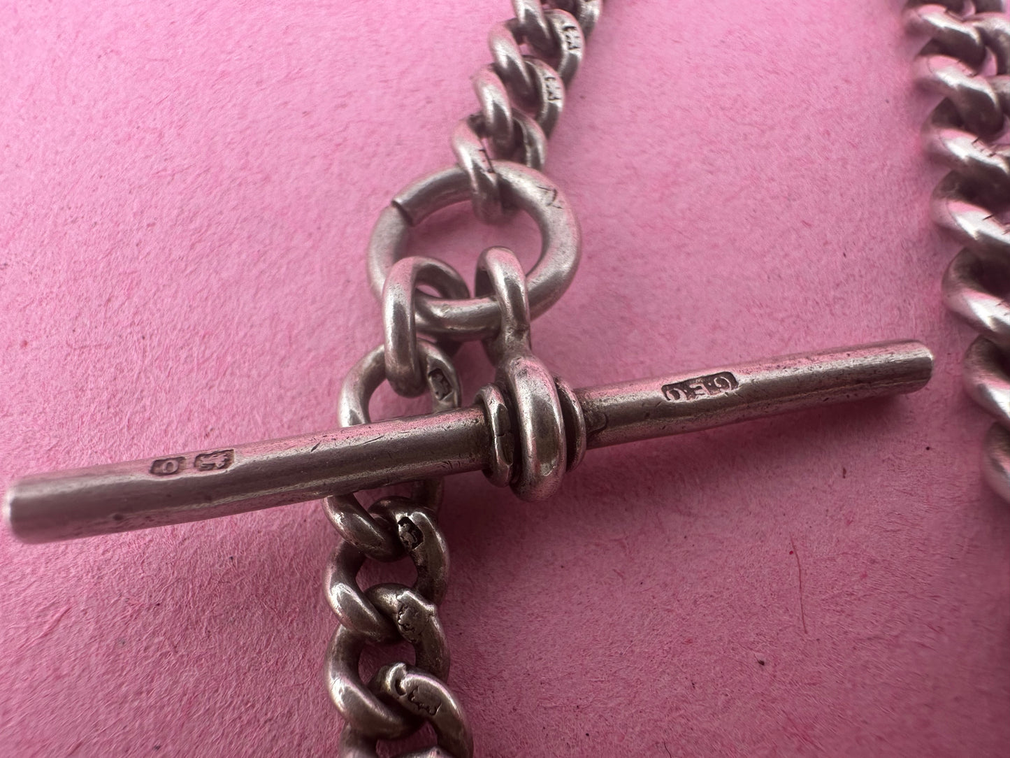 Sterling Silver Graduated Curb Albert with dog clip, fob and T-Bar