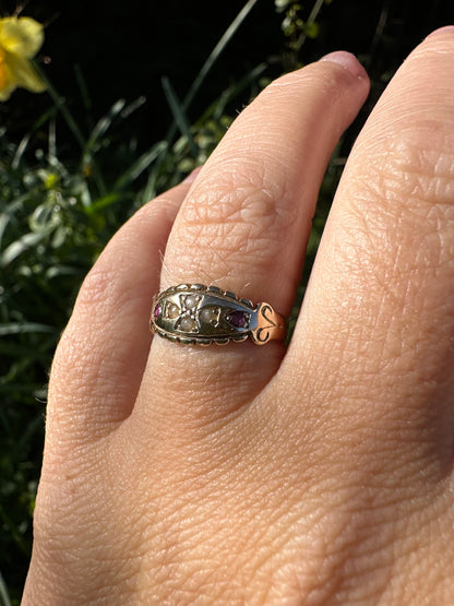 Victorian 9ct Gold Seed Pearl and Ruby Boat ring