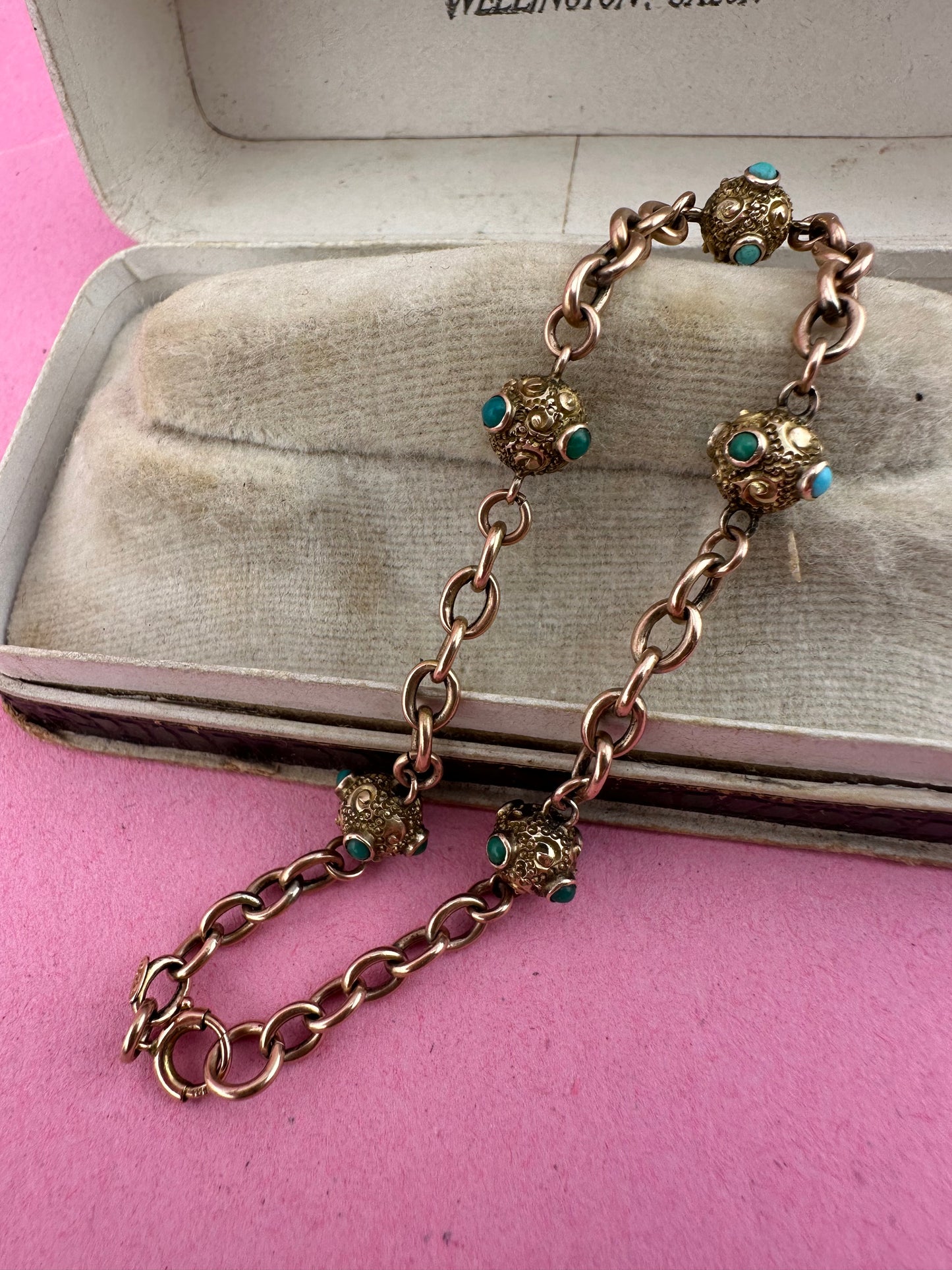 Antique 9ct Rose Gold Turquoise Orb and cable link bracelet with bolt clasp