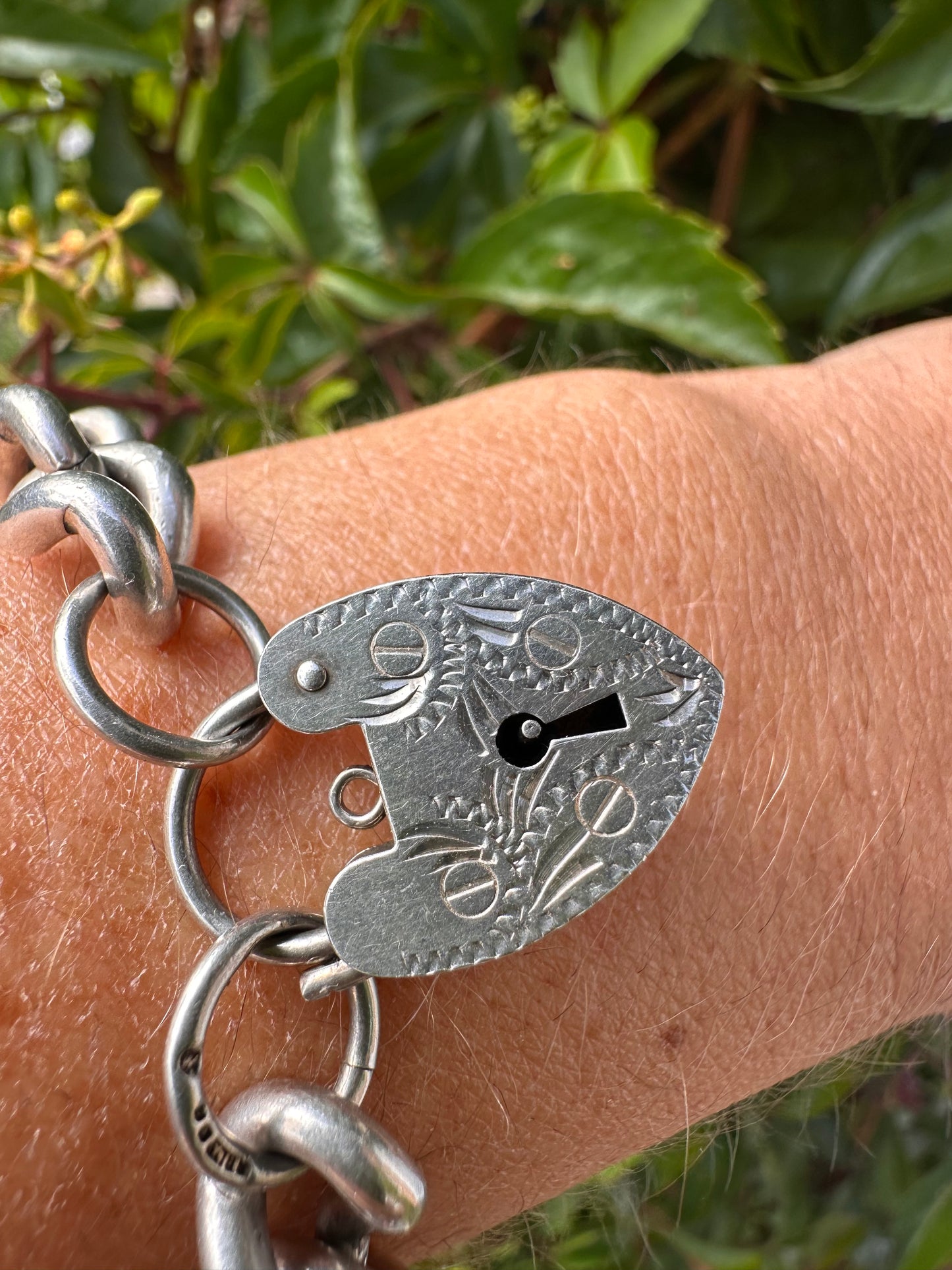Sterling Silver Chunky curb bracelet with XL engraved heart padlock