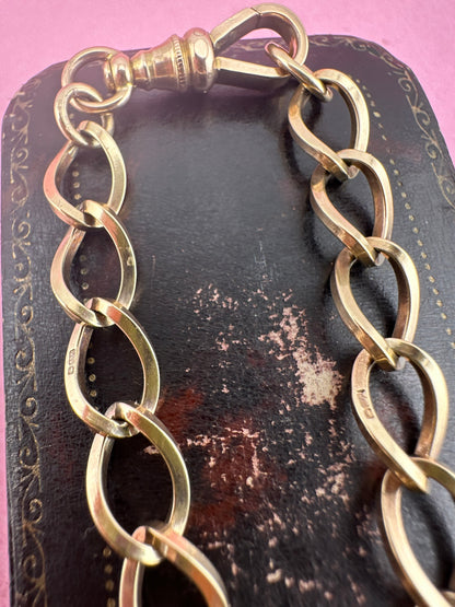 Vintage 9ct Gold Open curb bracelet with victorian flat edged dog clip
