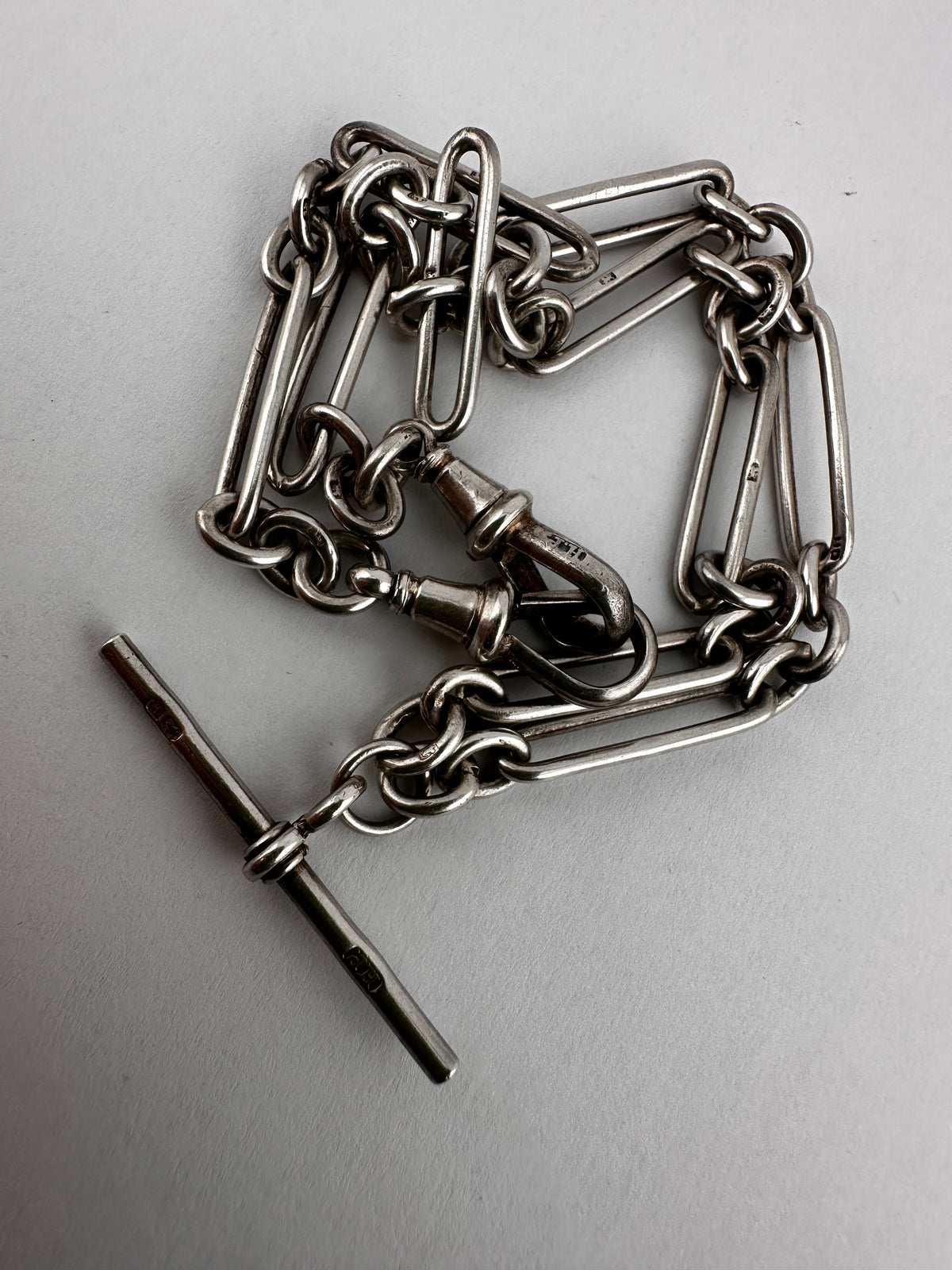 Antique Sterling Silver Trombone Albert chain with double dog clips and fixed T-bar