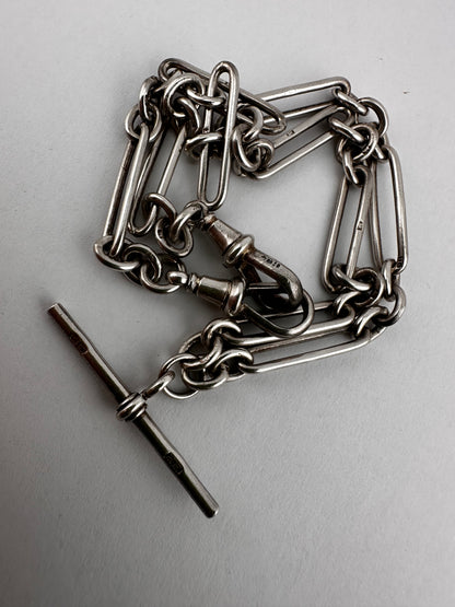 Antique Sterling Silver Trombone Albert chain with double dog clips and fixed T-bar