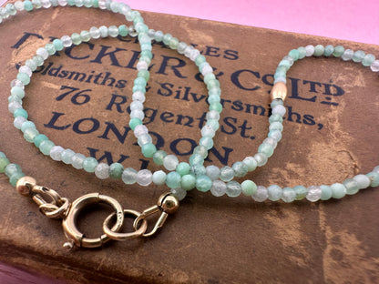 Asymmetrical Australian Chyrsoprase mini beaded necklace with 9ct Bolt clasp and oval bead