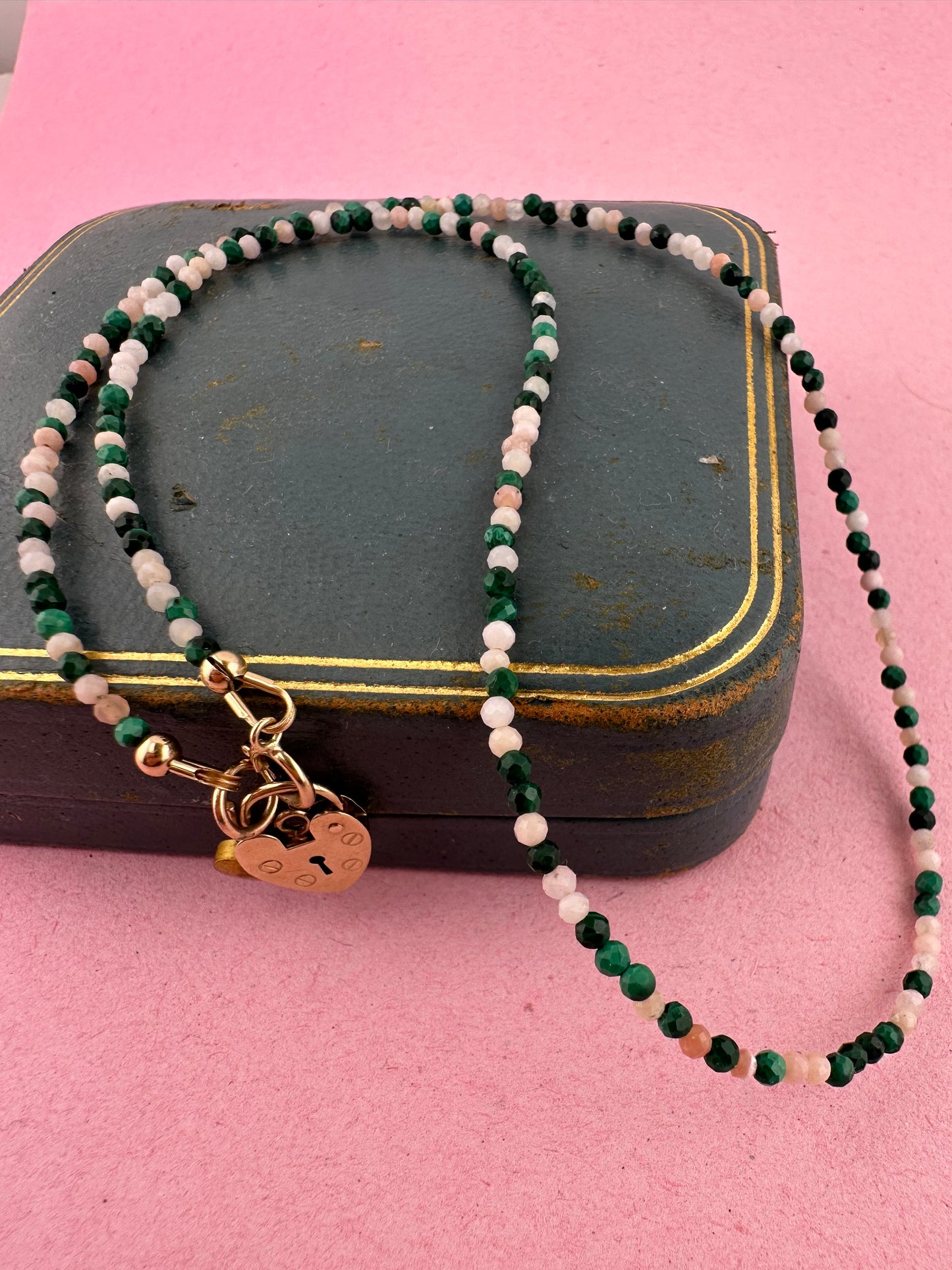 Peony- Pink Opal and Malachite mini bead necklace with vintage heart padlock