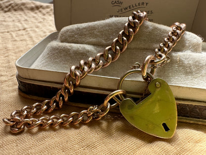 Antique 9ct Gold Graduated Curb bracelet with large heart padlock