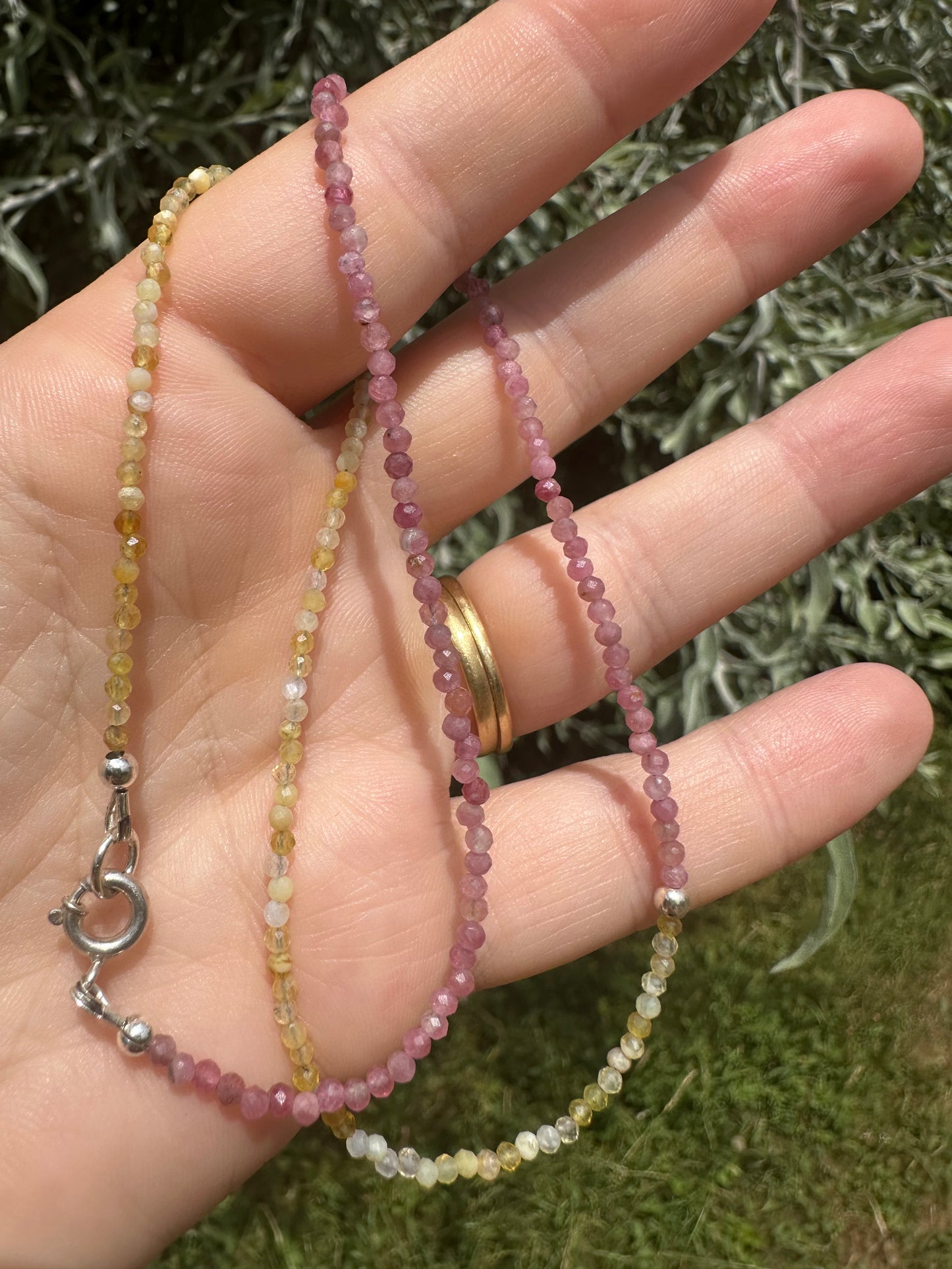 Pink Tourmaline & Yellow Opal Mini beads with Sterling Silver Bolt clasp