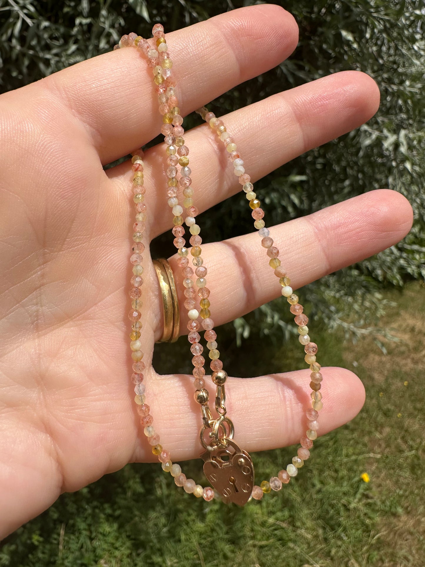 Sunstone and Yellow Opal Mini beads with Vintage Heart Padlock