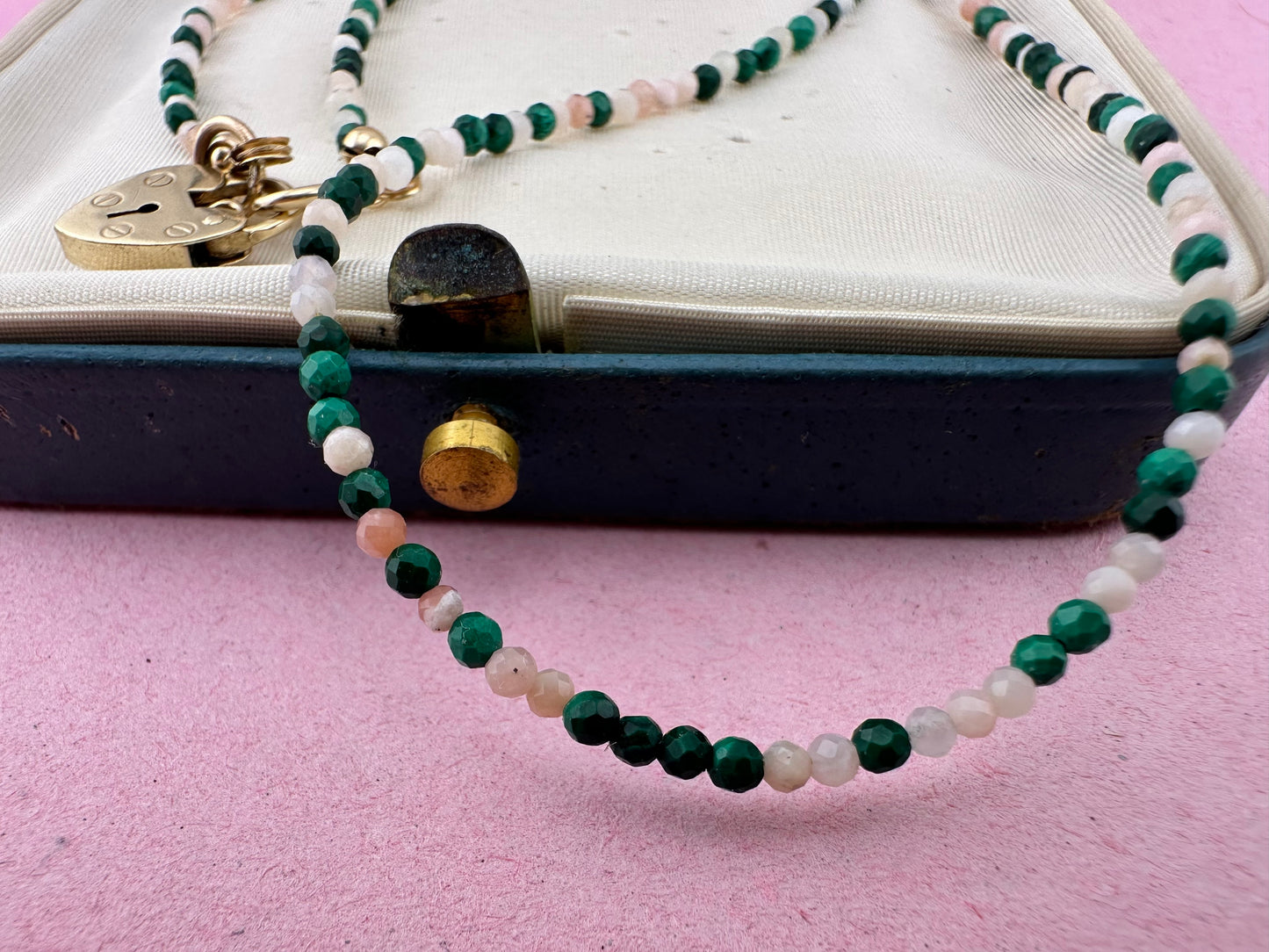Peony- Pink Opal and Malachite mini bead necklace with vintage heart padlock