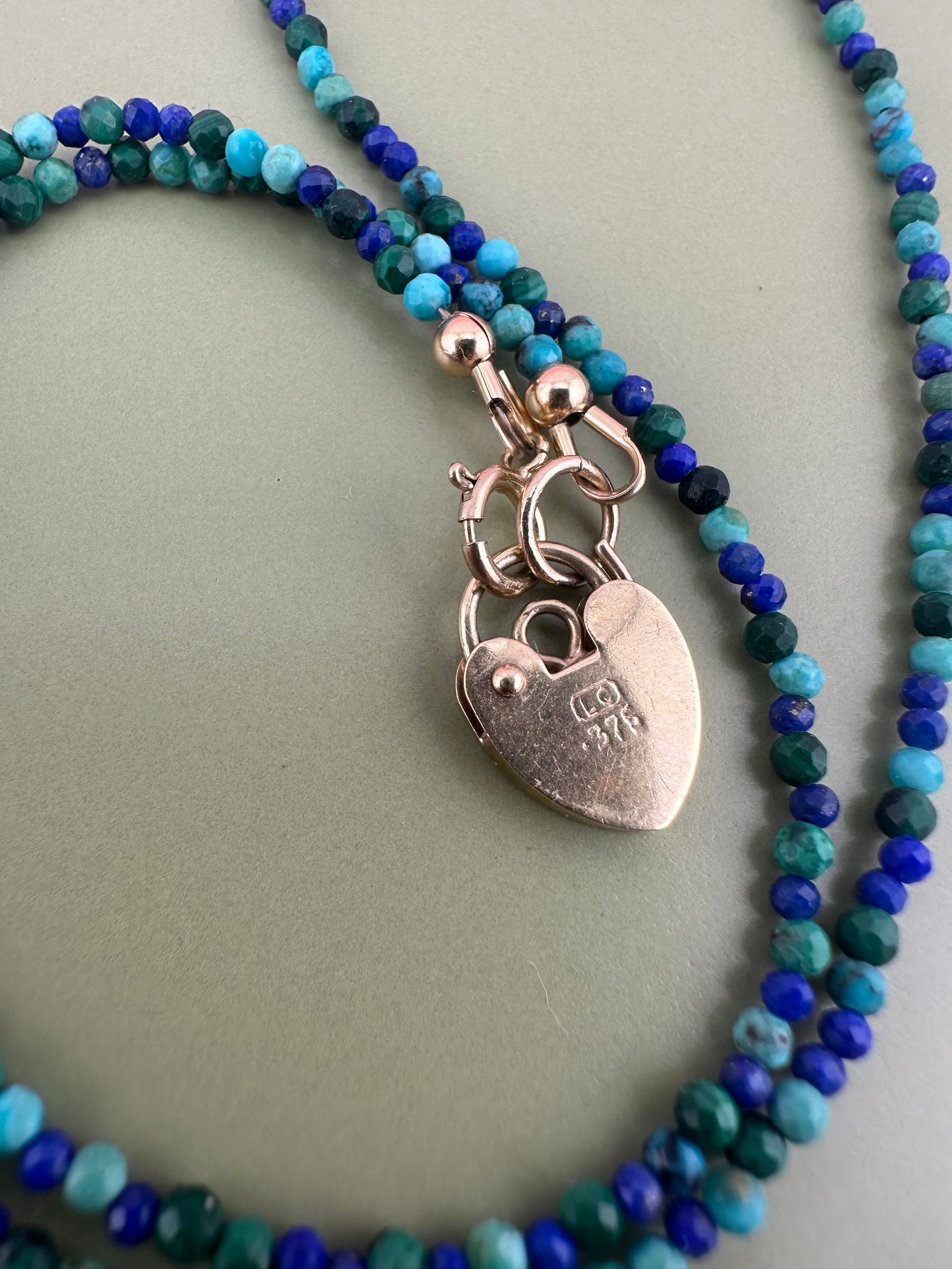 Turquoise, Malachite & Lapis Lazuli Mini beads with vintage 9ct Gold Heart padlock