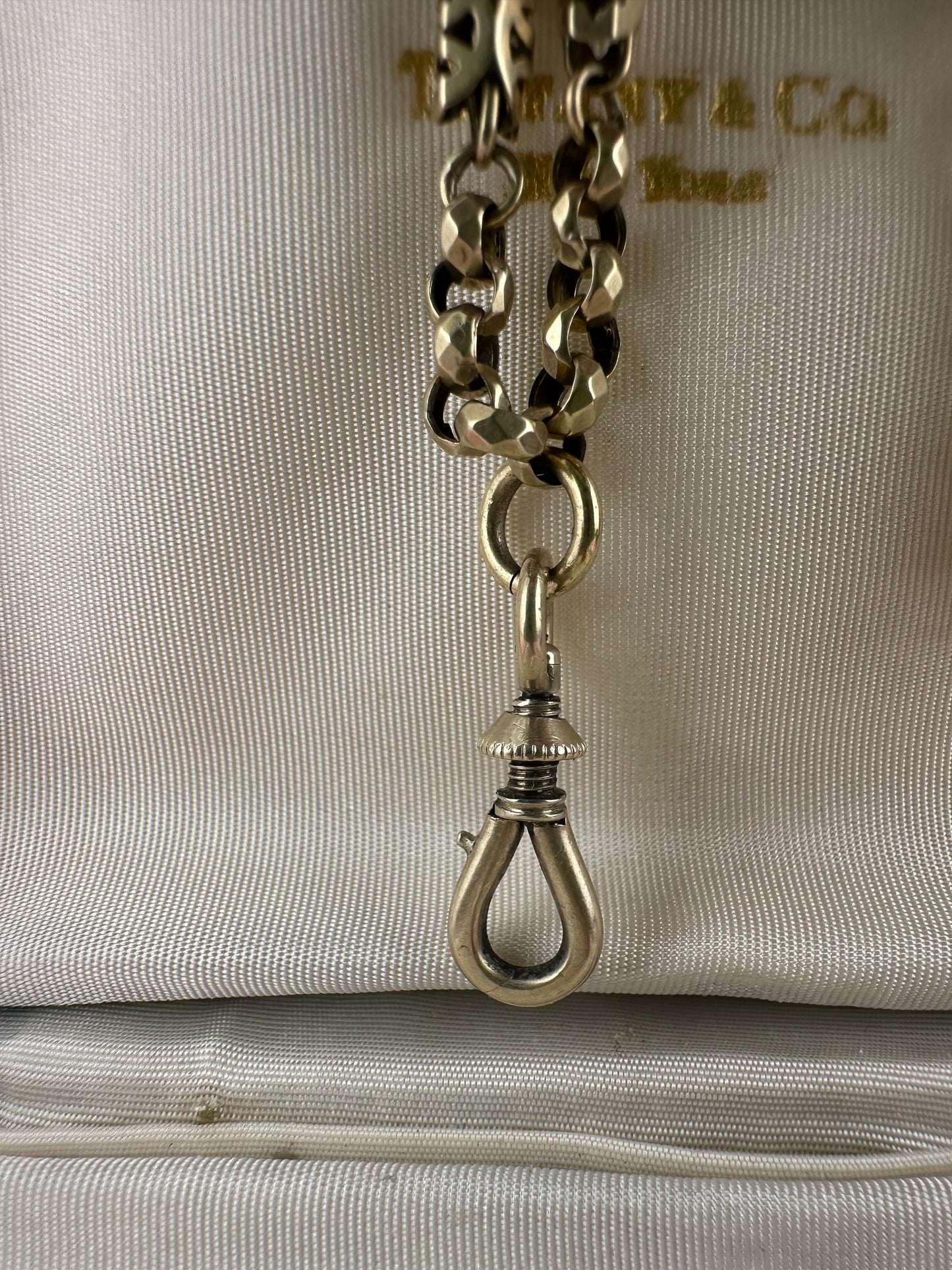 Antique 9ct Gold Fancy Bar and faceted belcher chain with screw top dog clip