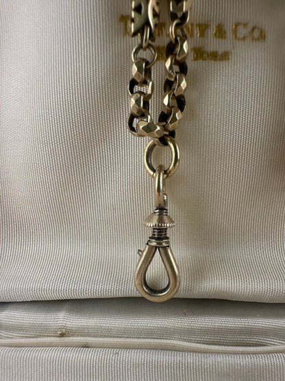 Antique 9ct Gold Fancy Bar and faceted belcher chain with screw top dog clip