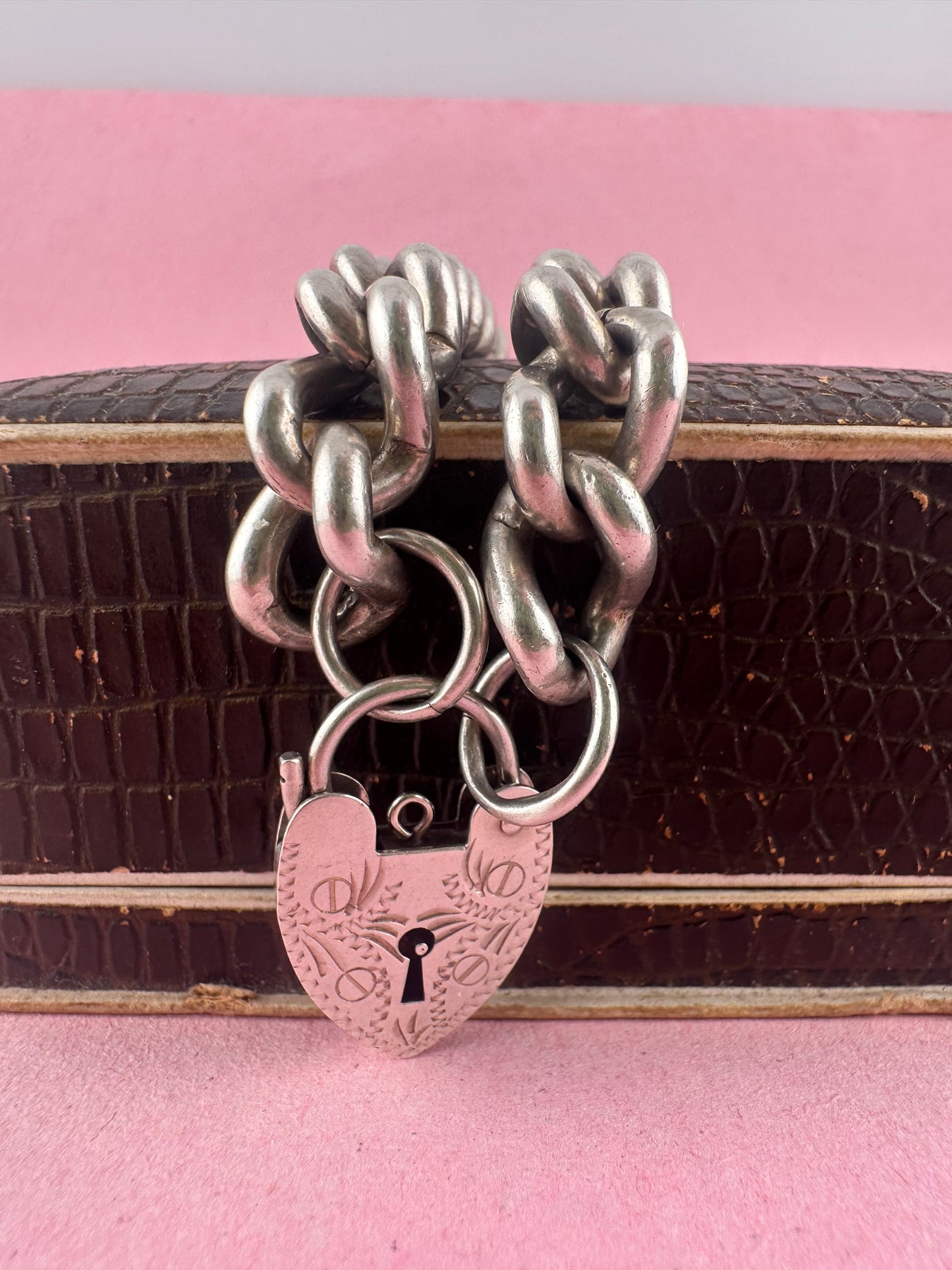 Sterling Silver Chunky curb bracelet with XL engraved heart padlock