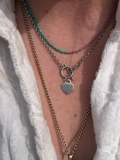 Blush & Tide- Pink Tourmaline and turquoise mini beaded necklace with 9ct gold antique bolt clasp