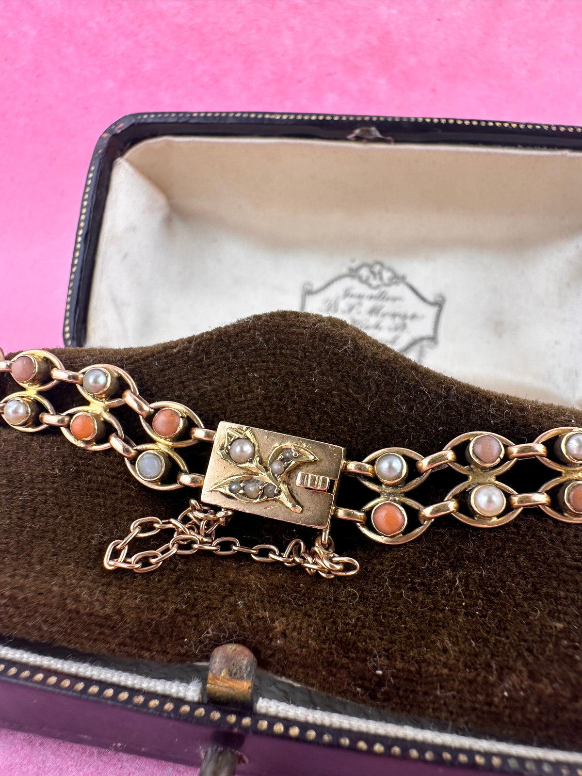 Antique 15ct Gold Coral and Pearl bracelet with stunning barrel clasp