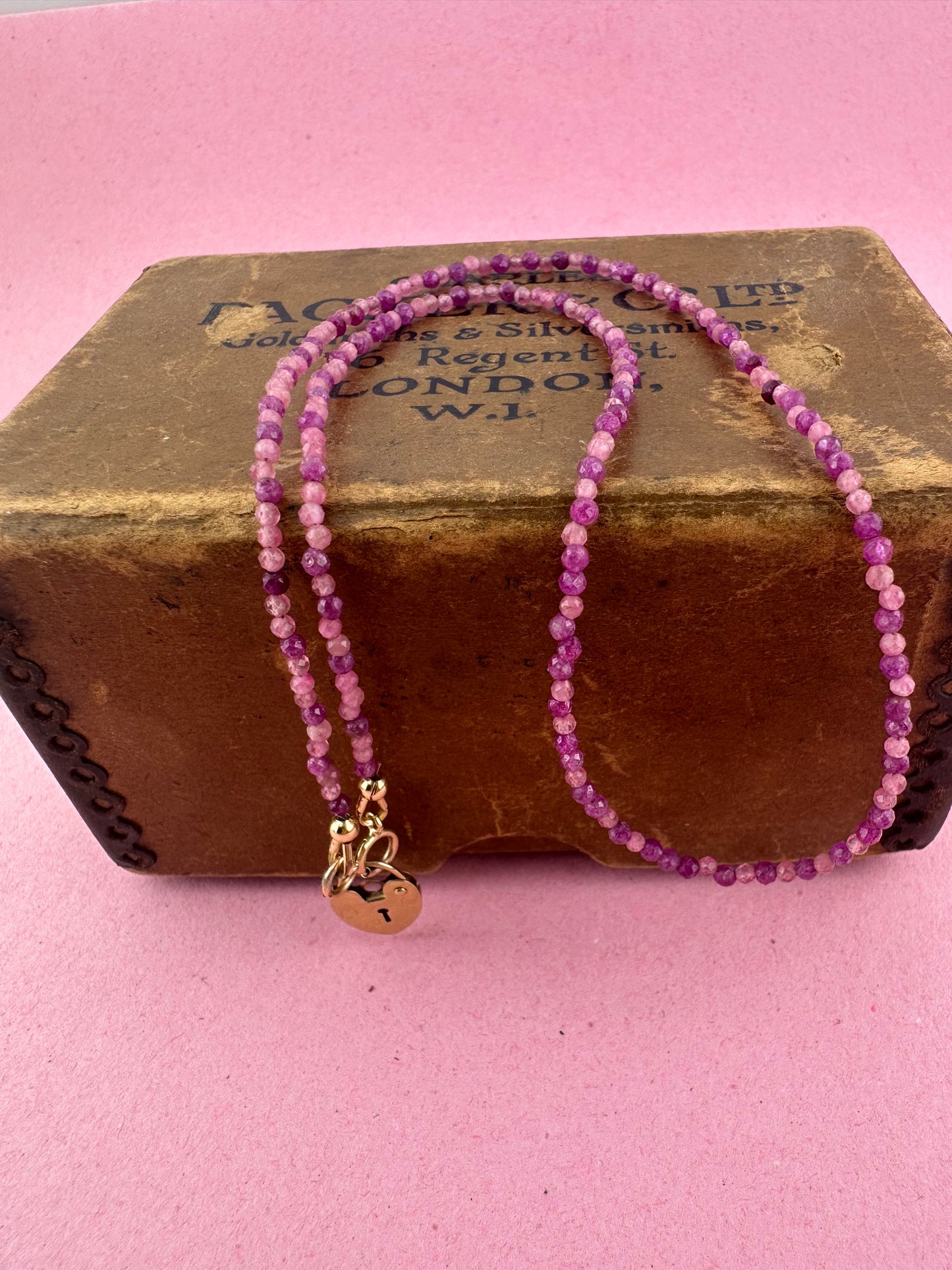 Ruby & Pink Tourmaline mix Mini beads with vintage 9ct Gold heart padlock