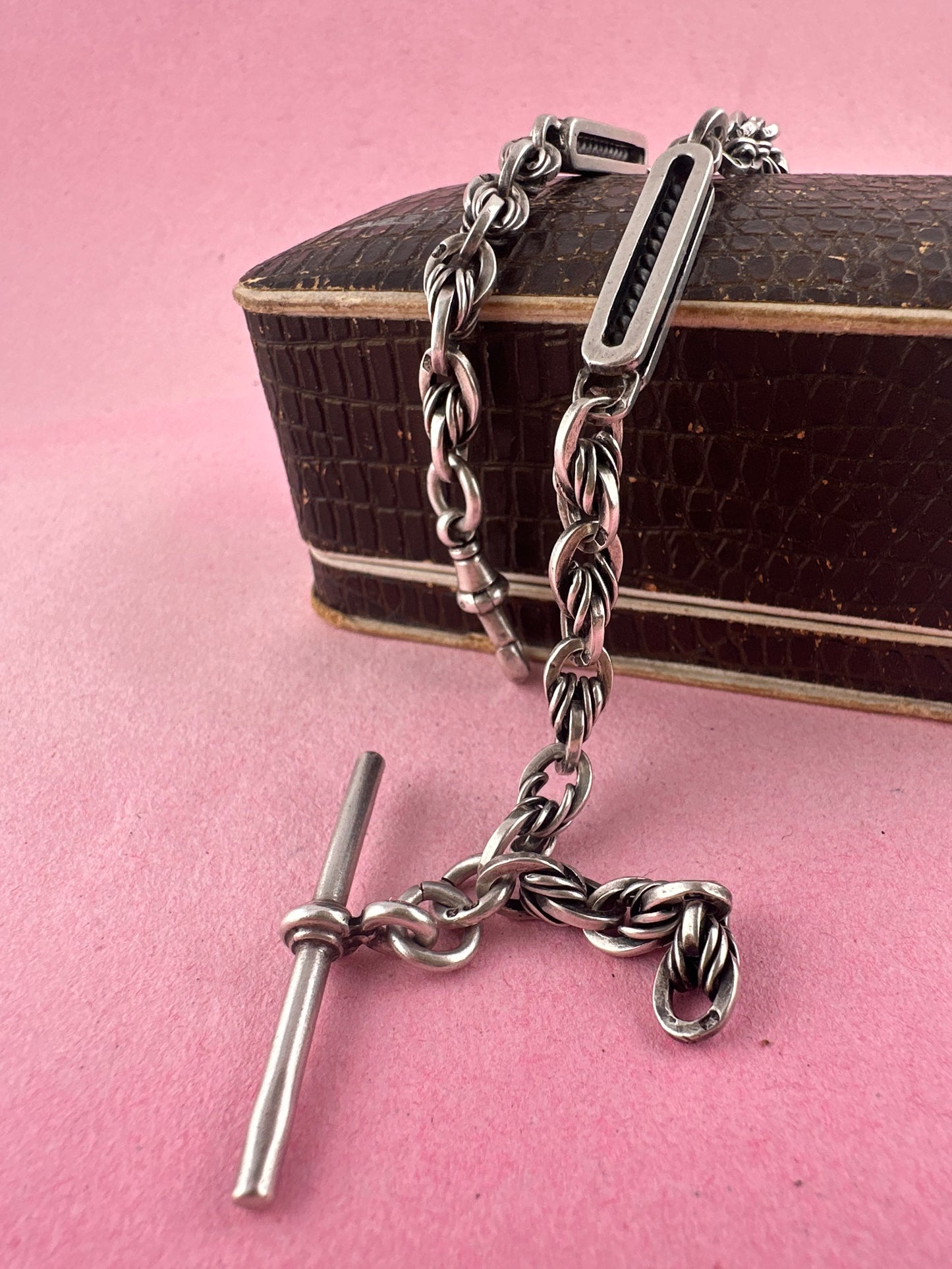 Antique Sterling Silver Bar and lovers knot Albert chain with T-bar and dog clip