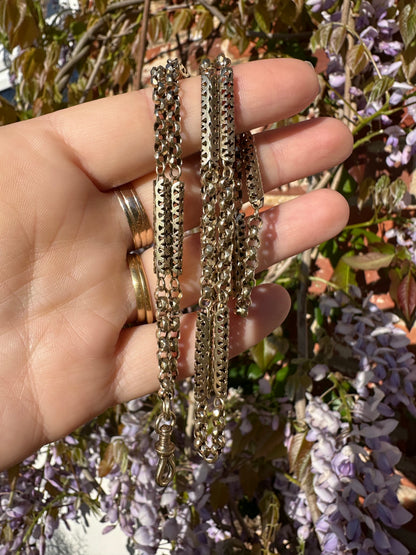 Antique 9ct Gold Fancy Bar and faceted Belcher chain with screw top dogclip