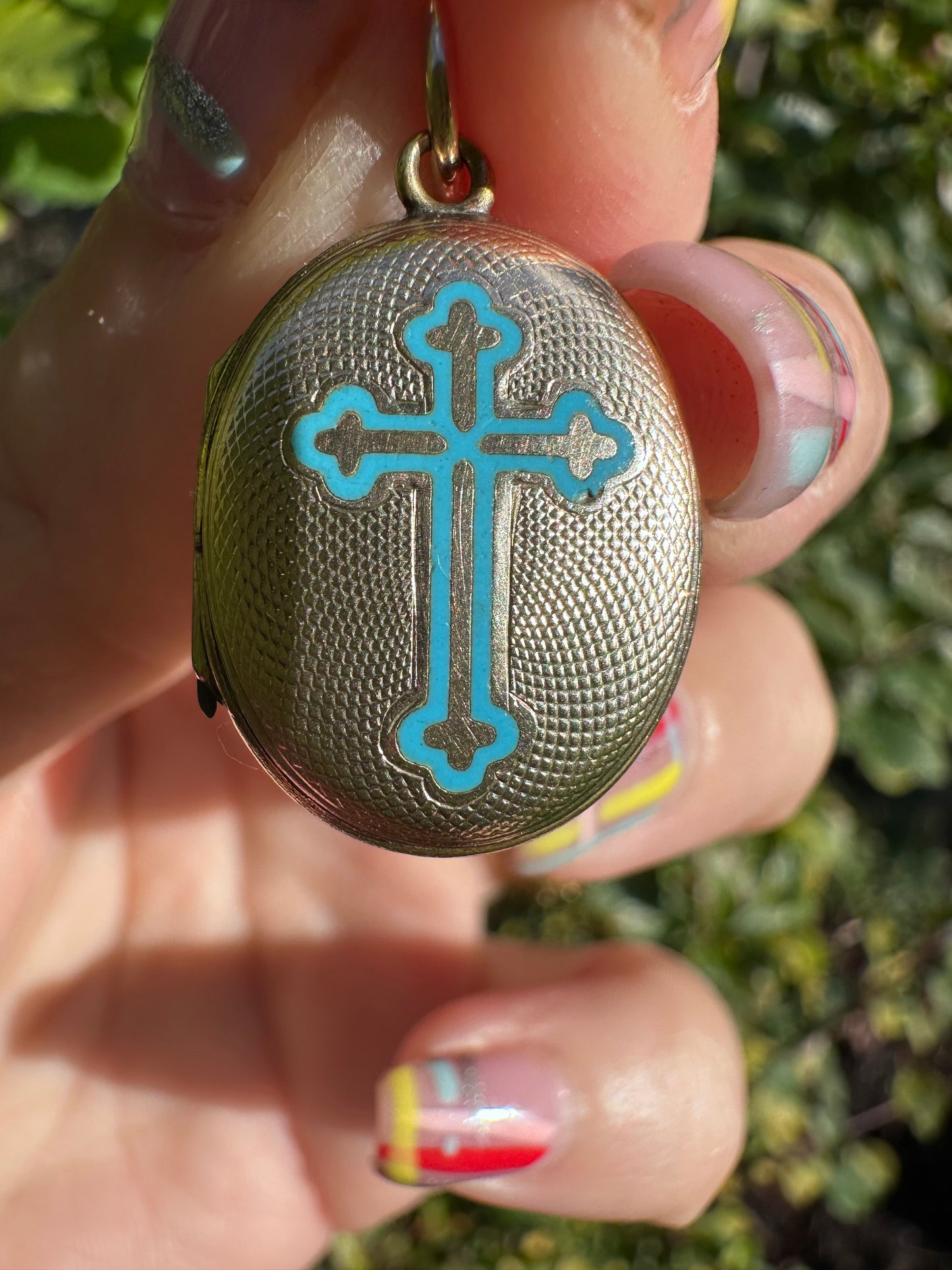 Antique 9ct Gold front and back Blue Enamel cross locket.