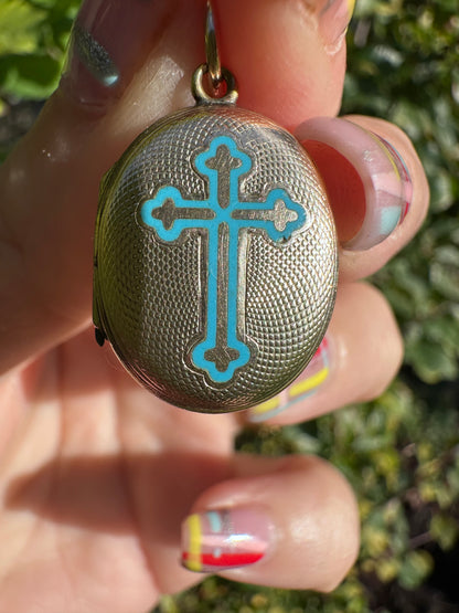 Antique 9ct Gold front and back Blue Enamel cross locket.