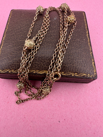 Antique 9ct Light Rose Gold Etruscan revival Orb Station chain