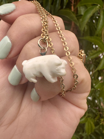 Victorian Angel Skin Coral Lucky pig pendant with 9ct gold bail