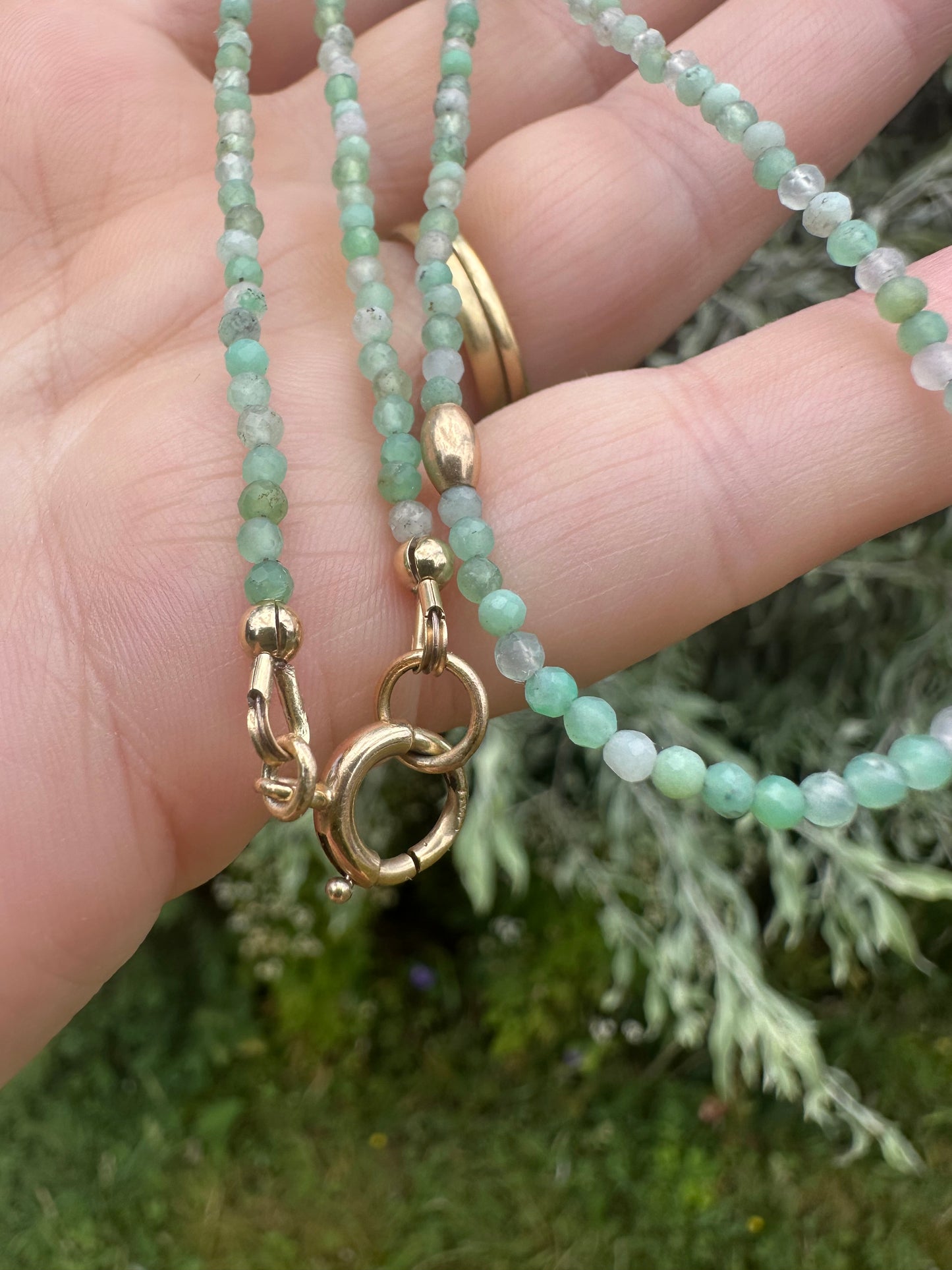 Asymmetrical Australian Chyrsoprase mini beaded necklace with 9ct Bolt clasp and oval bead