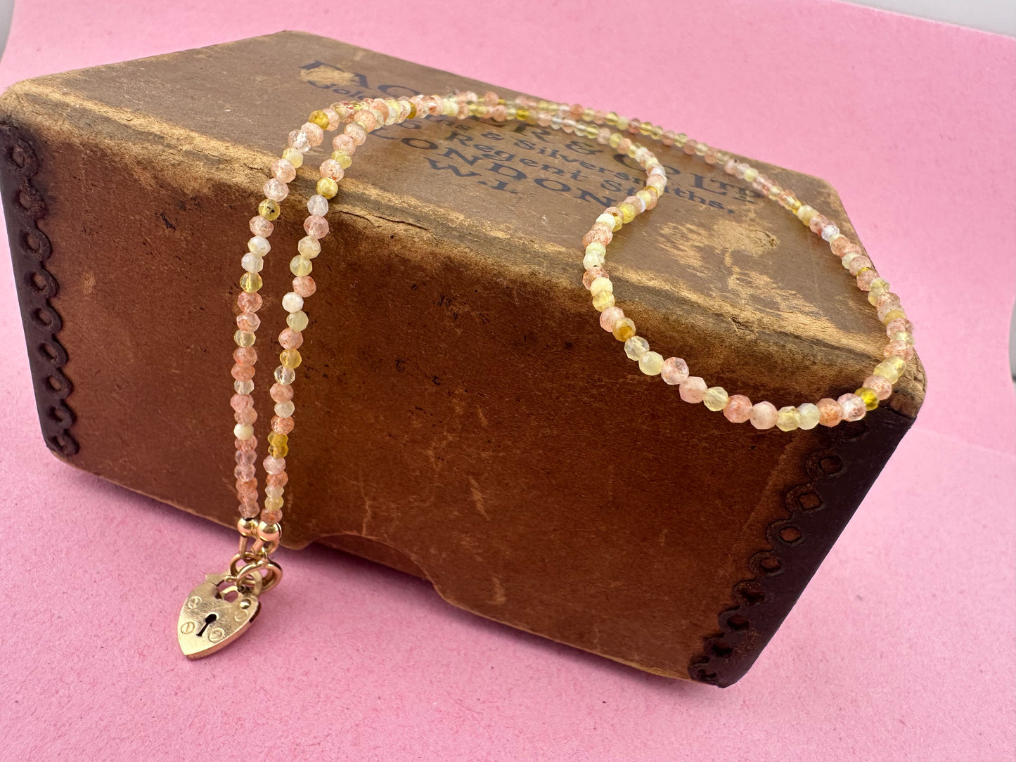 Sunstone and Yellow Opal Mini beads with Vintage Heart Padlock