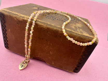 Sunstone and Yellow Opal Mini beads with Vintage Heart Padlock