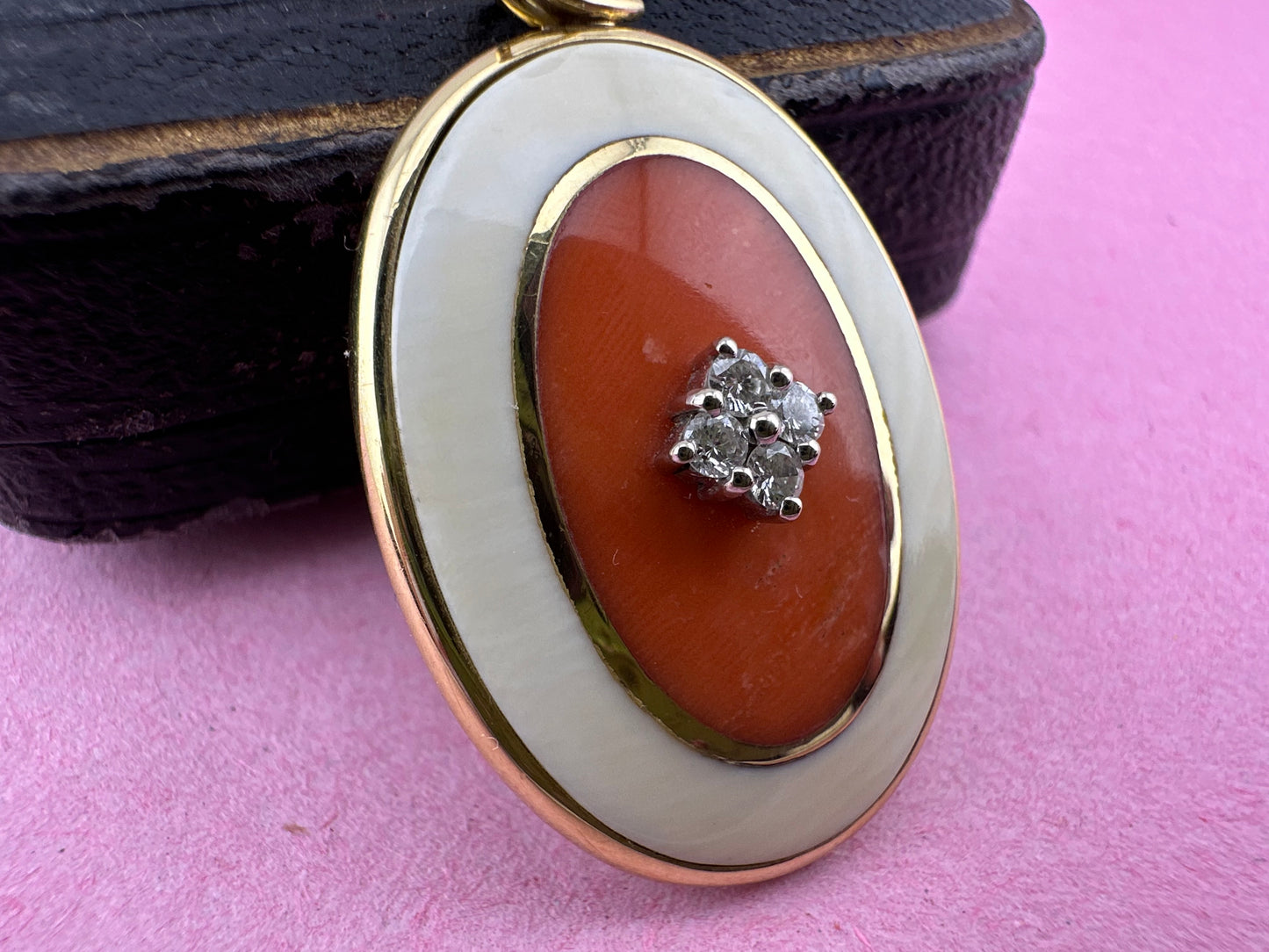 14ct Gold Coral and Diamond Pendant