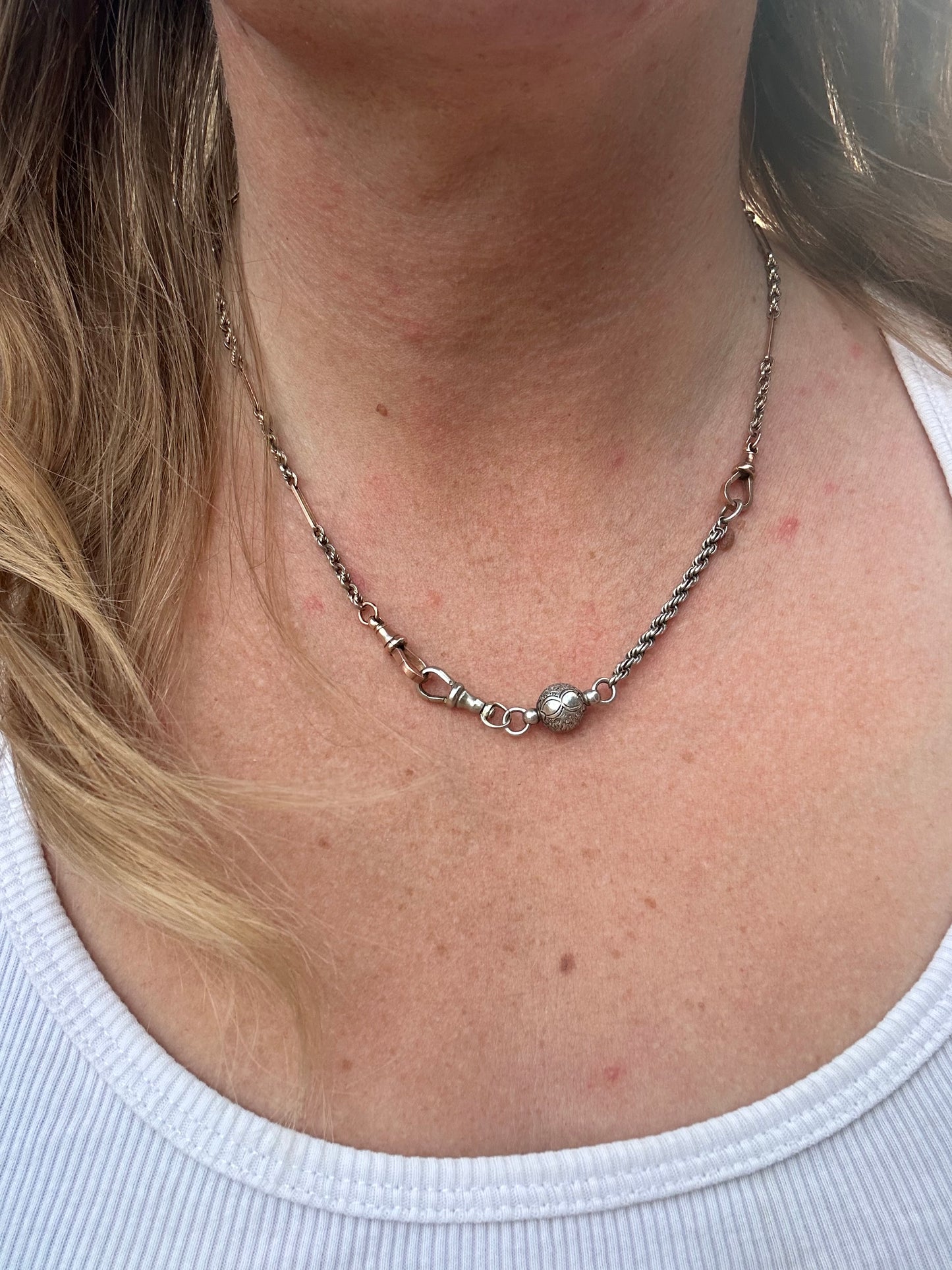 Antique 9ct Rose and White Gold Trombone and Lovers Knot chain